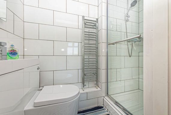 Modern bathroom featuring a shower, toilet, and heated towel rail against tiled walls.